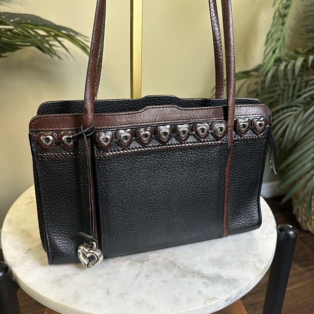 Brighton Vintage Leather Shoulder bag w Croc print accents Silver hearts